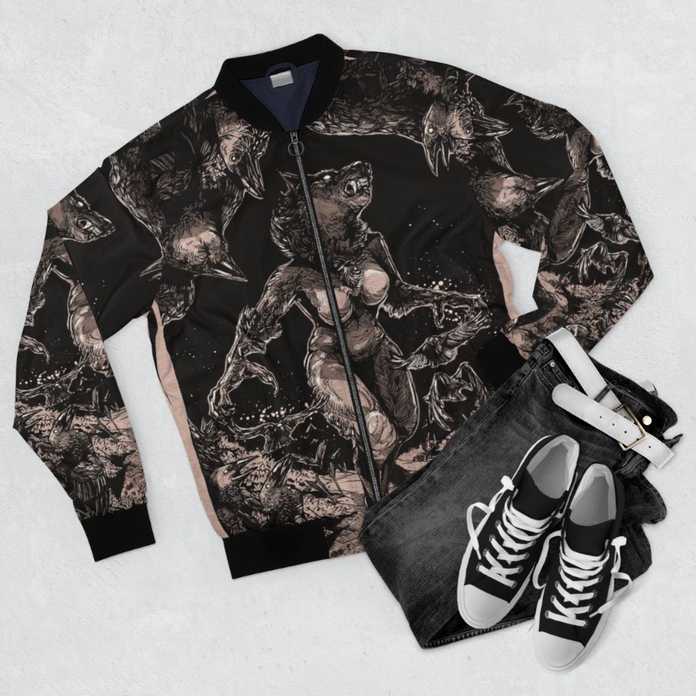 Werewolf-inspired bomber jacket with wolf and horror design - Flat lay