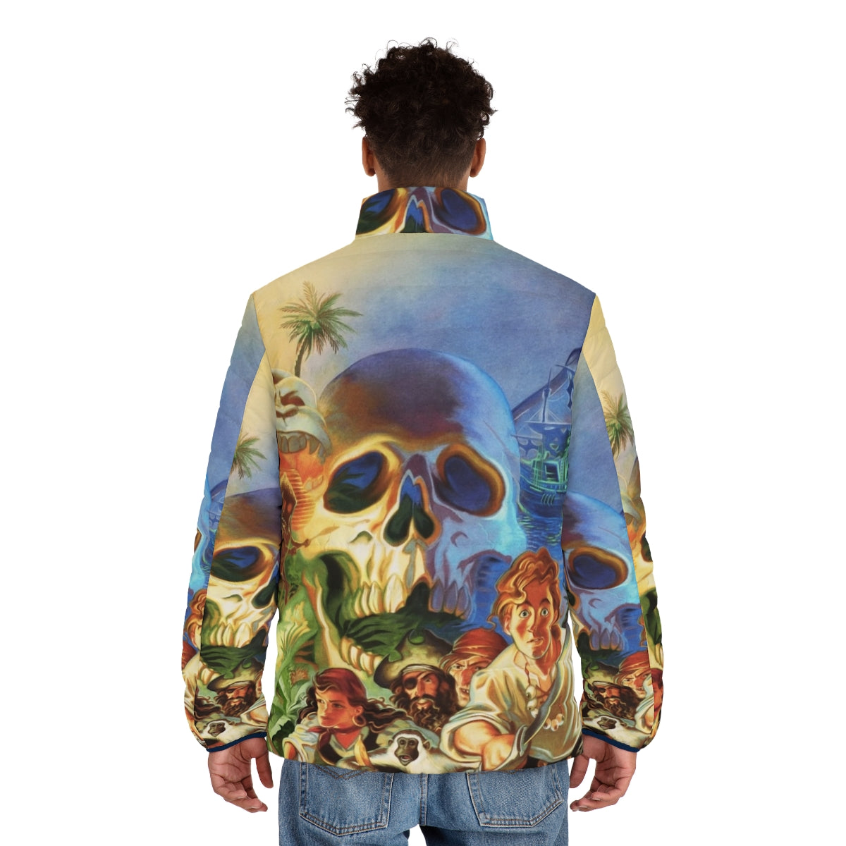 High contrast puffer jacket featuring iconic Monkey Island pixel art design - men back