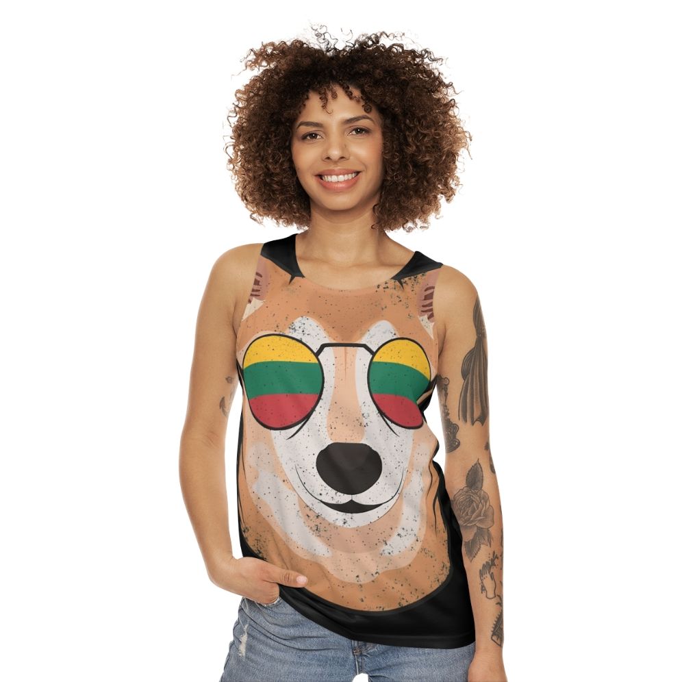 Vintage patriotic shiba inu tank top with lithuanian flag - women