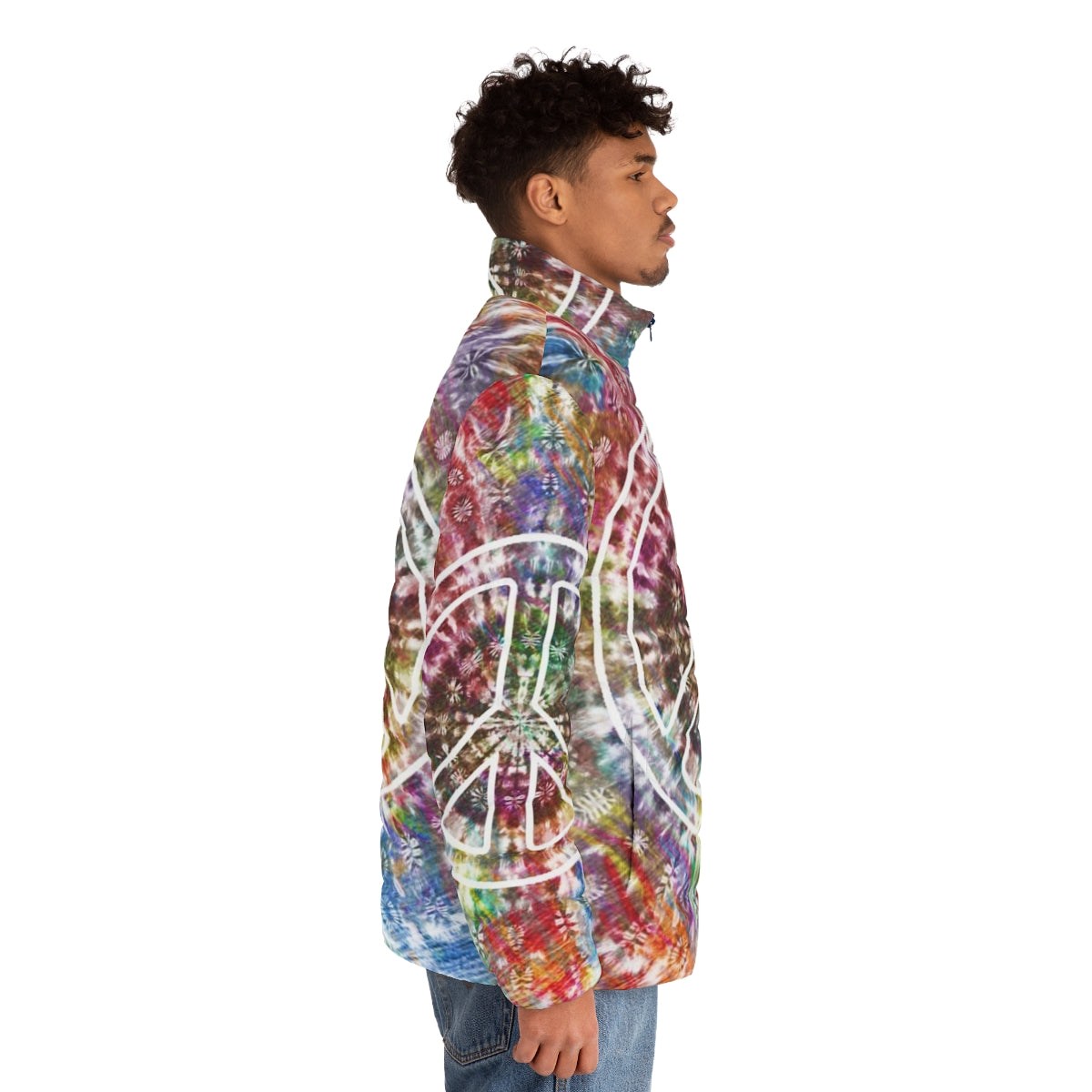 Vibrant retro tie-dye puffer jacket with peace sign and psychedelic design - men side right