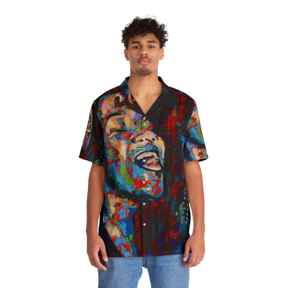 Vintage Hawaiian shirt with a vibrant floral print and an image of jazz icon Ella Fitzgerald - People Front