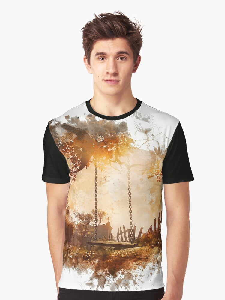 What Remains of Edith Finch graphic t-shirt with video game artwork featuring a swingset, treehouse, and swing - Men