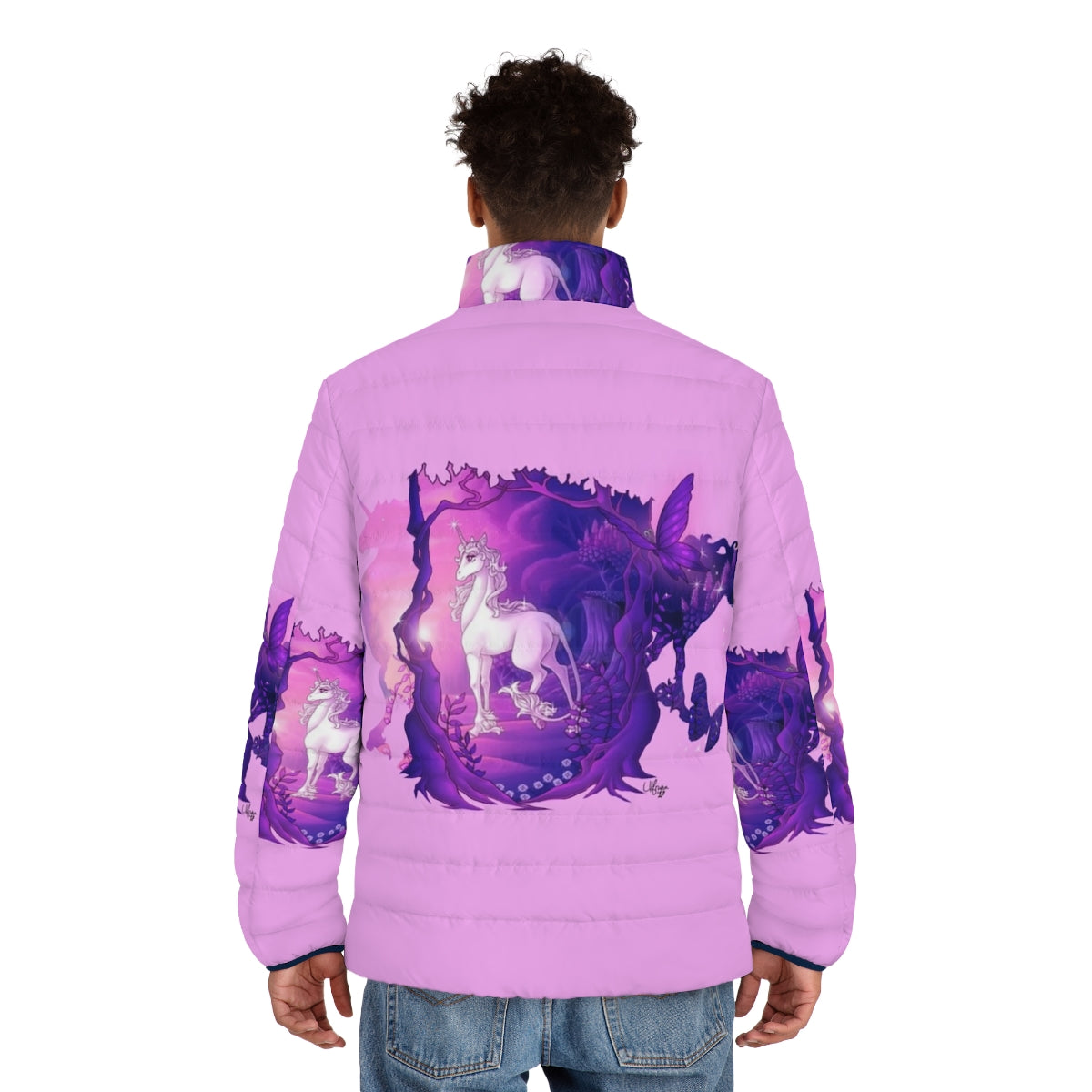 The Last Unicorn Puffer Jacket featuring the magical unicorn Amalthea - men back