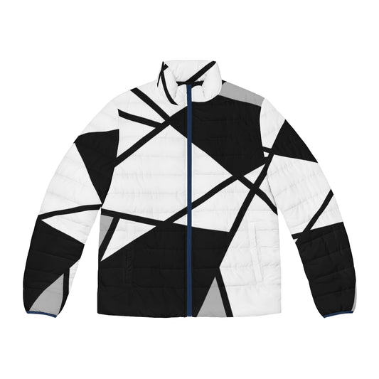 Black puffer jacket with modern geometric pattern