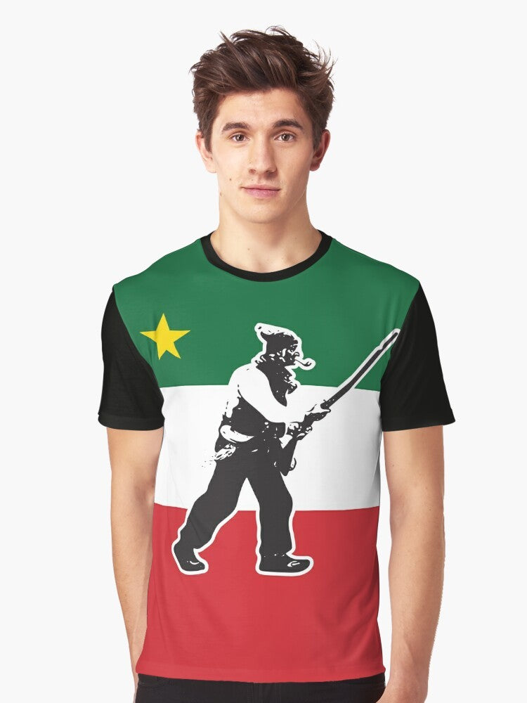 Quebec Patriote Flag Graphic T-Shirt featuring a modern design of the Patriote flag, representing the 1837-1838 Lower Canada Rebellion and French Canadian patriotism. - Men