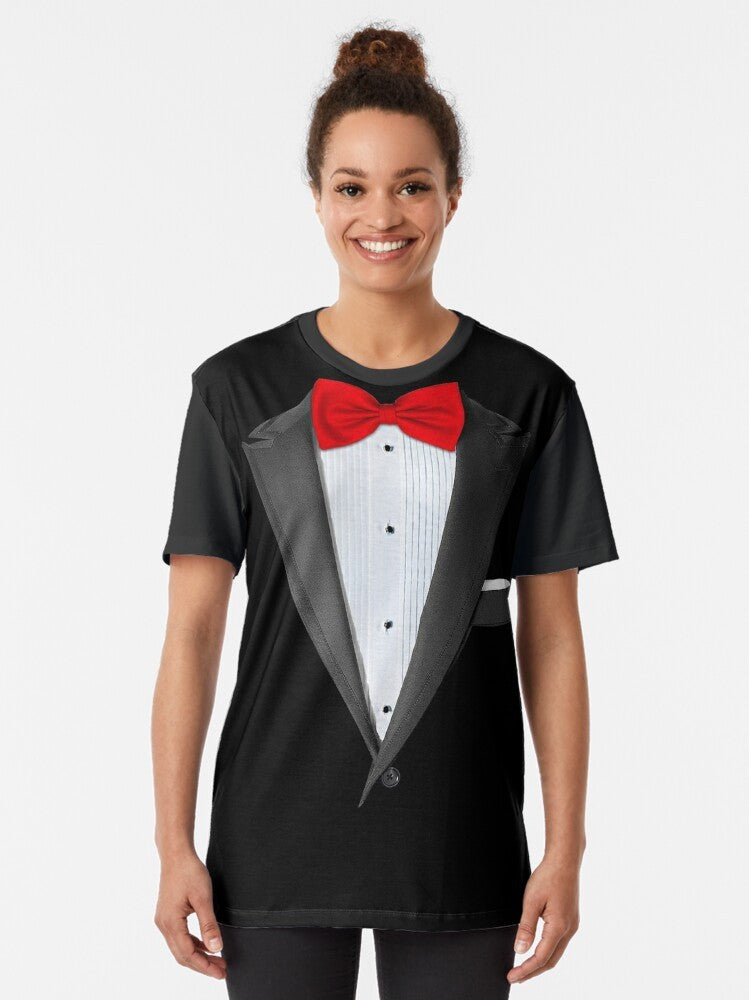 Realistic tuxedo graphic t-shirt for men, featuring a detailed tuxedo design. - Women