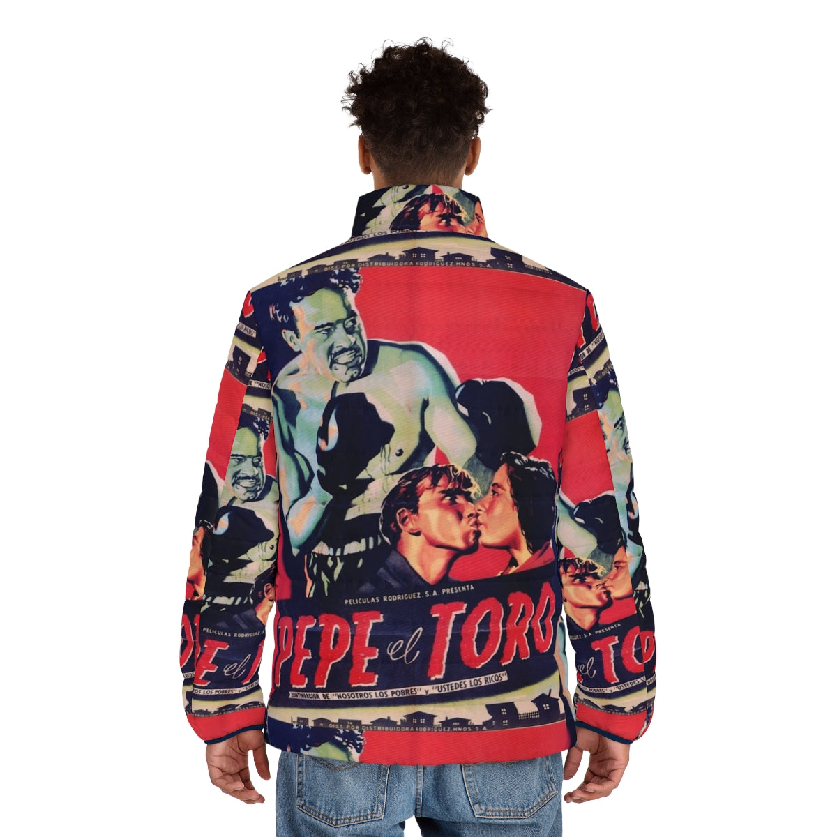 Vintage Mexican Cinema Icons Puffer Jacket featuring classic movie stars Pedro Infante and Pepe el Toro - men back