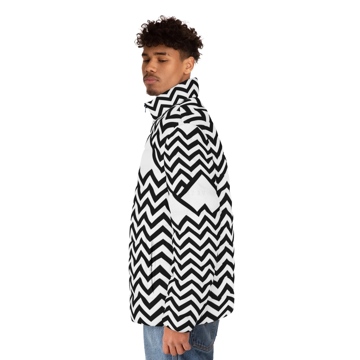 Model wearing a puffer jacket featuring the iconic Twin Peaks design - men side left