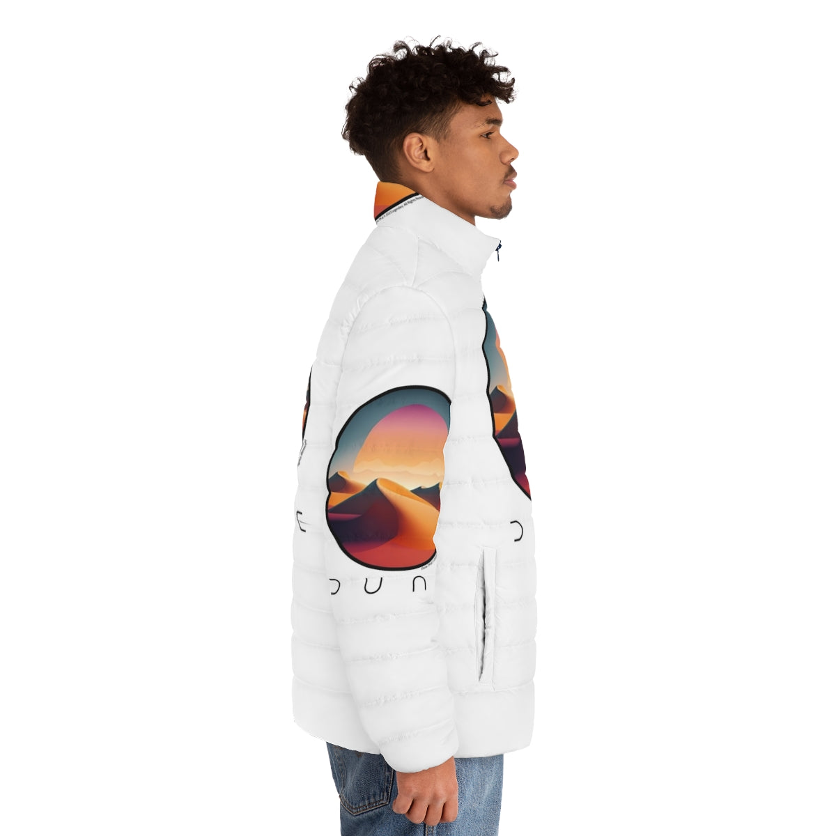 Dune-inspired puffer jacket with desert landscape design - men side right