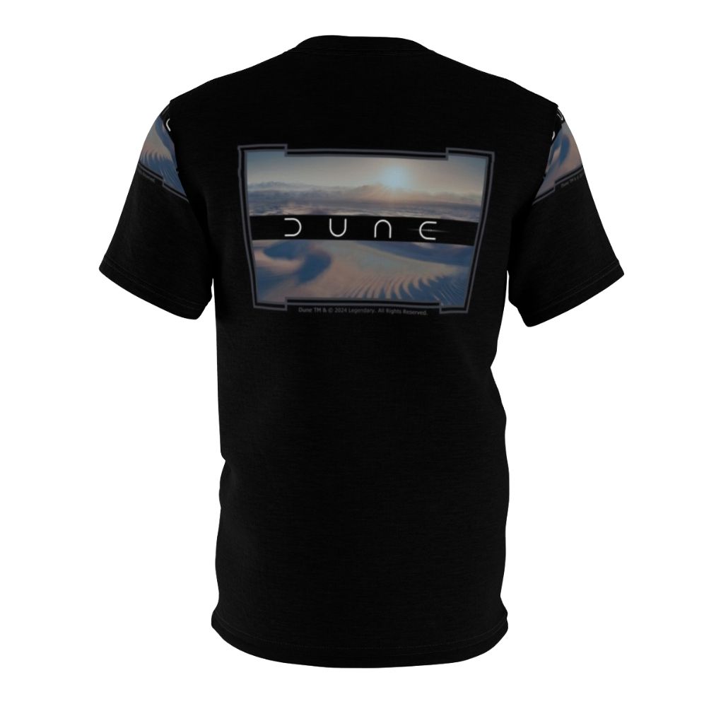 Dune-inspired t-shirt design featuring a desert landscape on a black background - Back