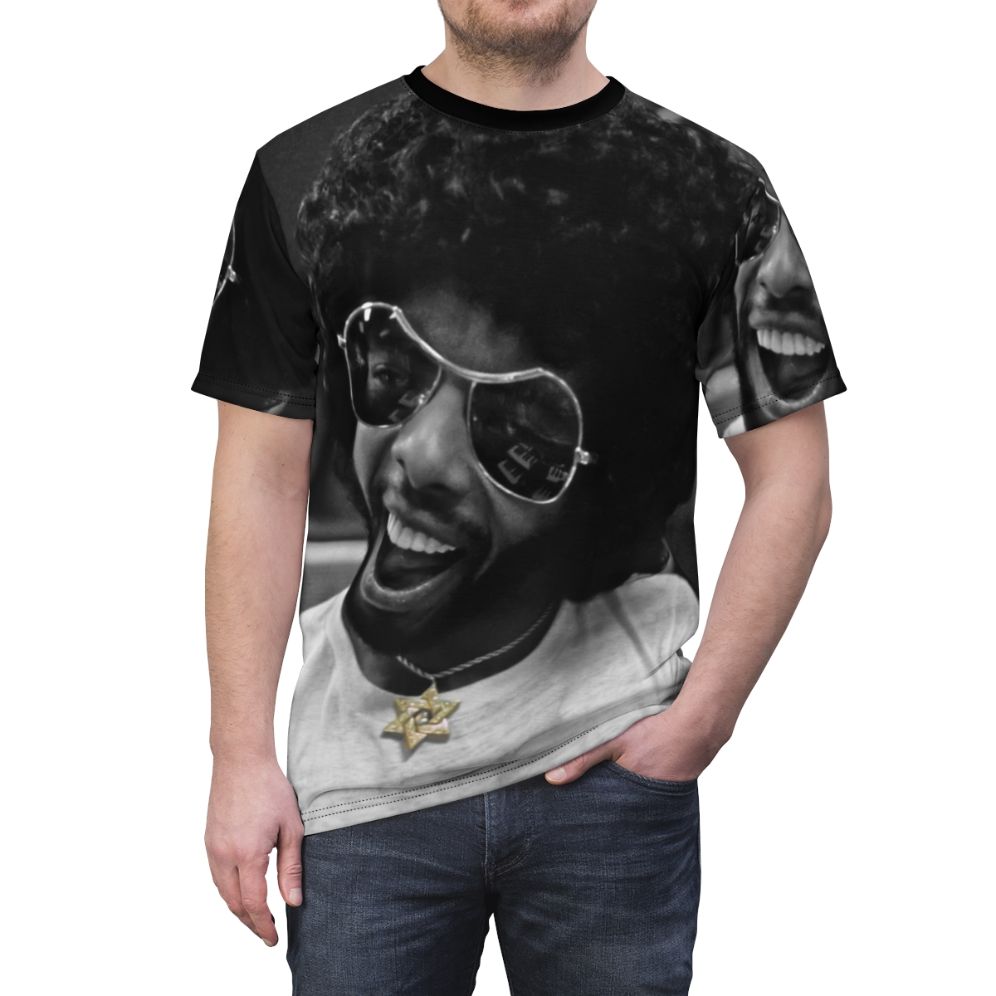 Artistic Tribute to Sly Stone's Music Studio AOP T-Shirt featuring black and white photography, selective color, and music-inspired elements - men front