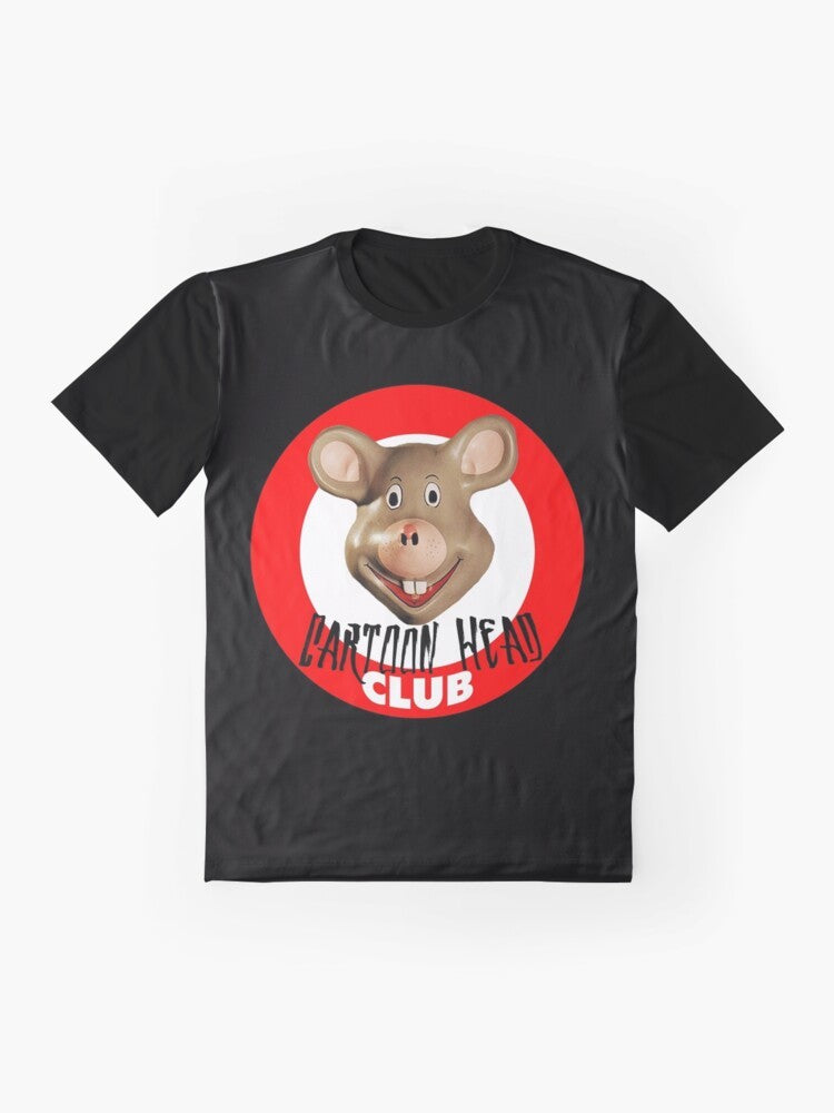 Cartoon head design for a British comedy TV parody t-shirt - Flat lay