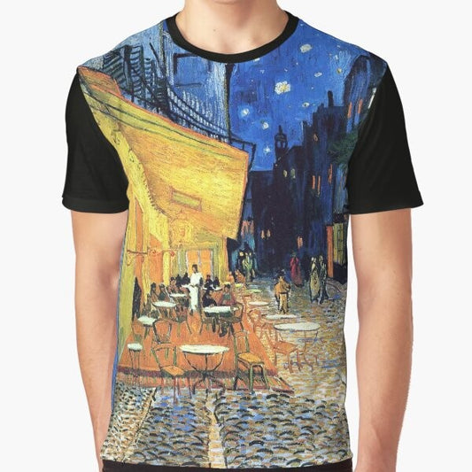 Vincent van Gogh inspired graphic t-shirt featuring the famous painting "The Cafe Terrace on the Place de Forum in Arles at Night"