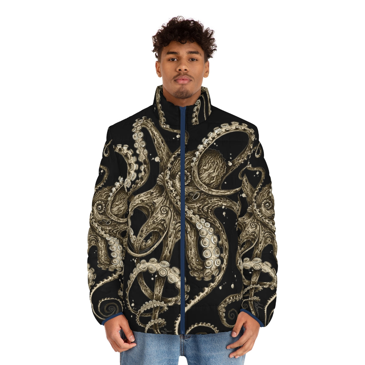 Psychedelic sepia-colored puffer jacket with octopus and tentacle design - men front