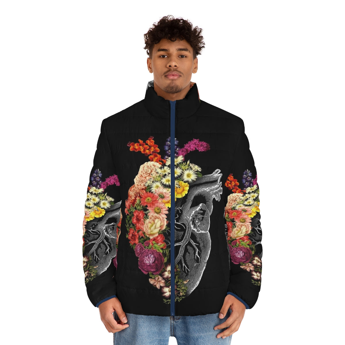 Flower Heart Puffer Jacket featuring a vintage-inspired floral and botanical anatomical heart design - men front