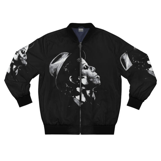 A bomber jacket featuring the image of Tom Waits, a renowned American singer-songwriter.