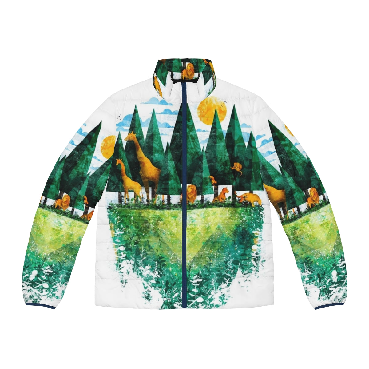 Geo Forest Puffer Jacket with nature and animal graphics