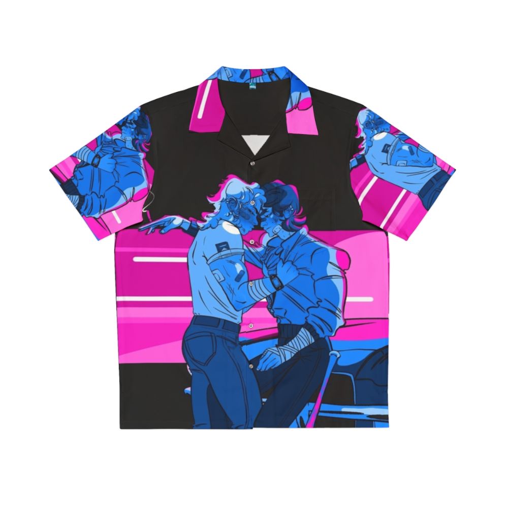 Vibrant blue hawaiian shirt with tropical floral patterns