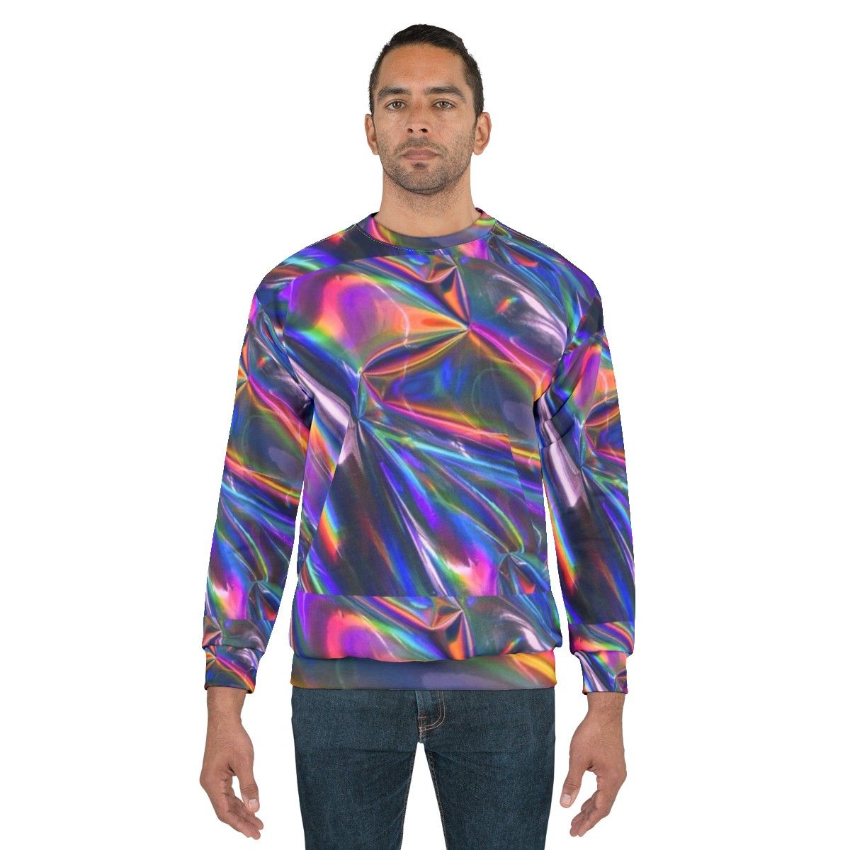 Holographic material sweatshirt with shiny, iridescent texture - men