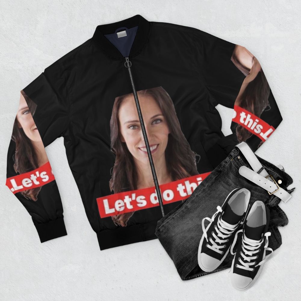 Jacinda Ardern, the Prime Minister of New Zealand, wearing a bomber jacket - Flat lay