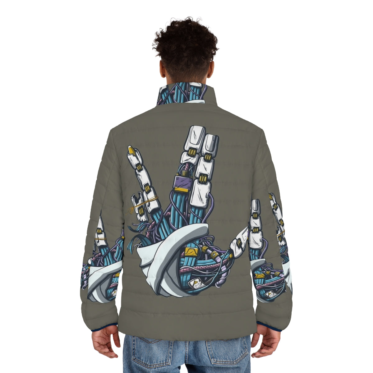 Mecha-inspired Star Trek Vulcan salute puffer jacket with sci-fi graphics - men back