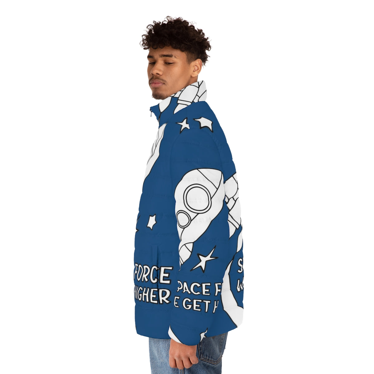 Stranger Things Space Force We Get Higher Puffer Jacket, sci-fi adventure outer space apparel - men side left