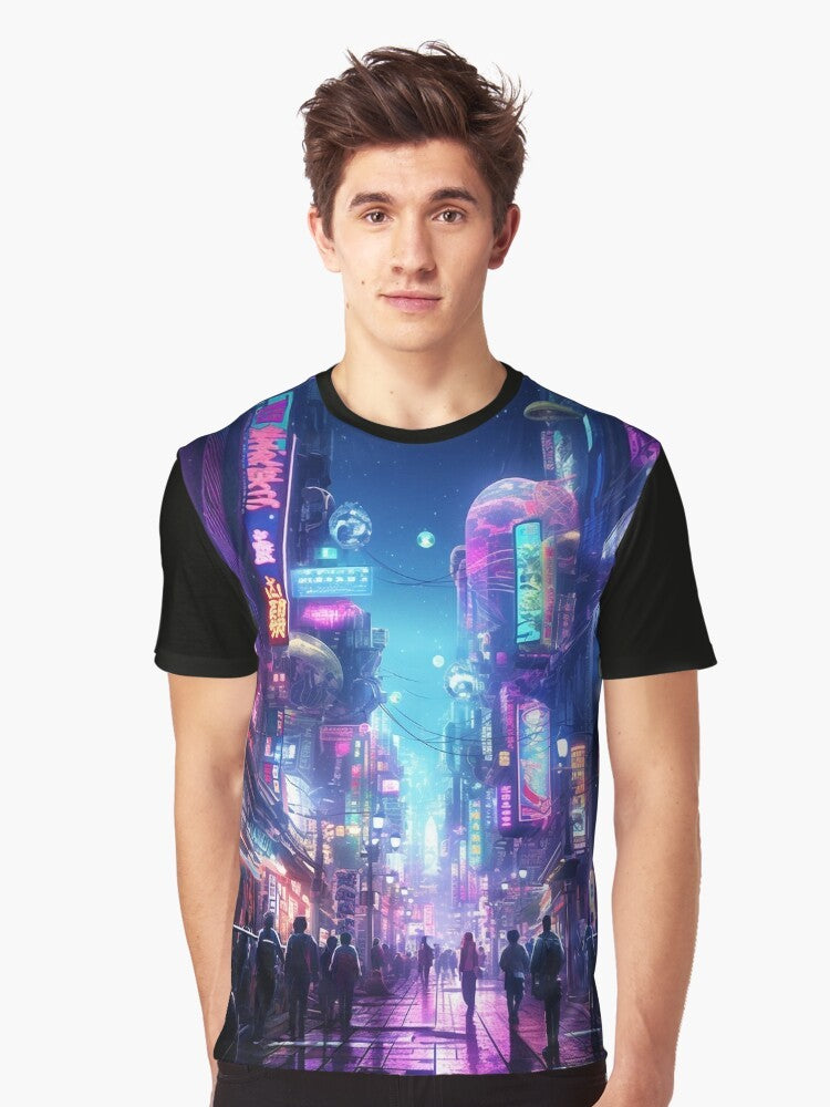 Futuristic cyberpunk-inspired graphic t-shirt featuring a neon cityscape of Tokyo, Japan. - Men