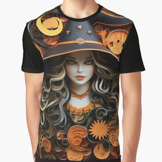 Colorful paper quilling Halloween witch art graphic t-shirt design