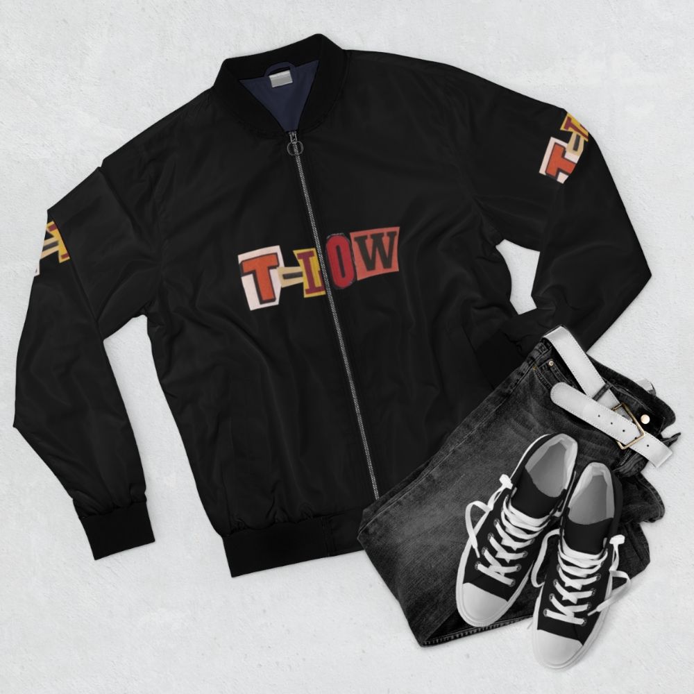 A stylish and trendy bomber jacket featuring a hip hop and rapper design - Flat lay