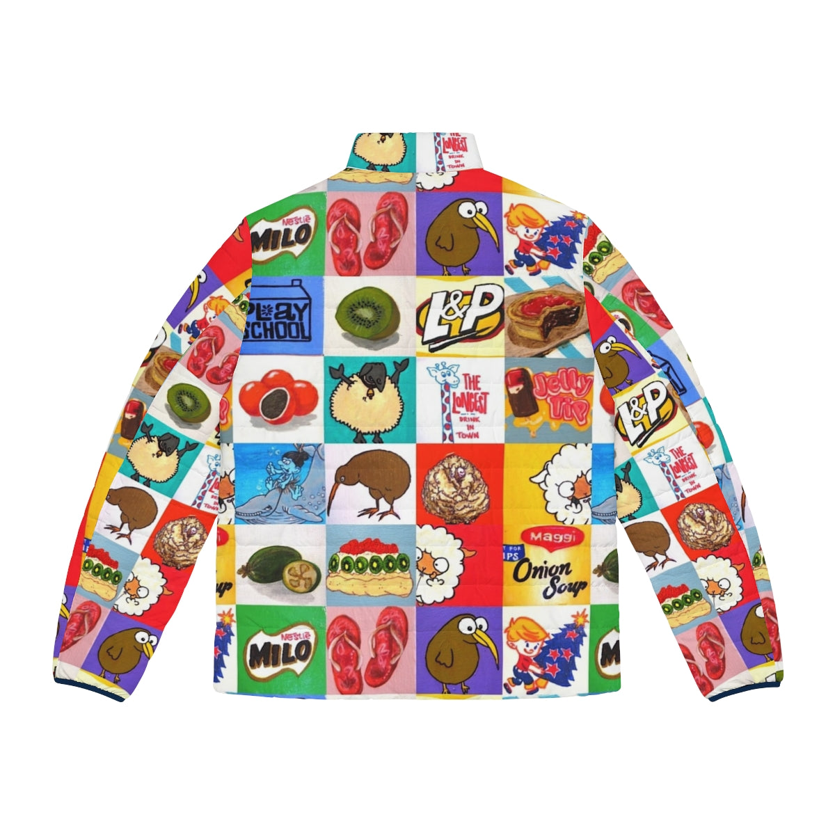 Kiwiana Puffer Jacket featuring a collage of New Zealand food and drink icons - Back