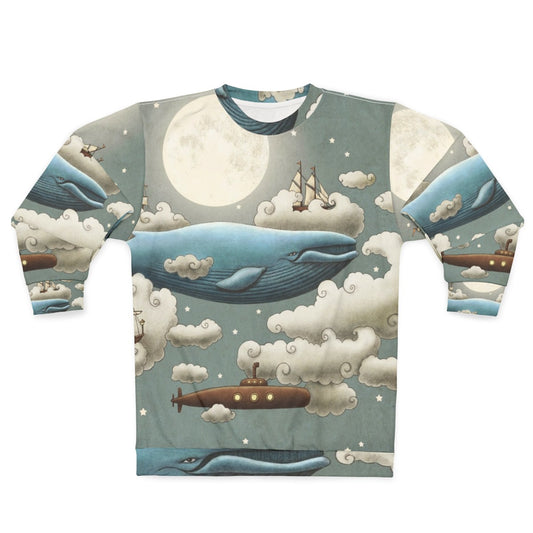 Ocean meets sky whimsical sweatshirt featuring a surreal digital illustration of nature, whales, and tall ships