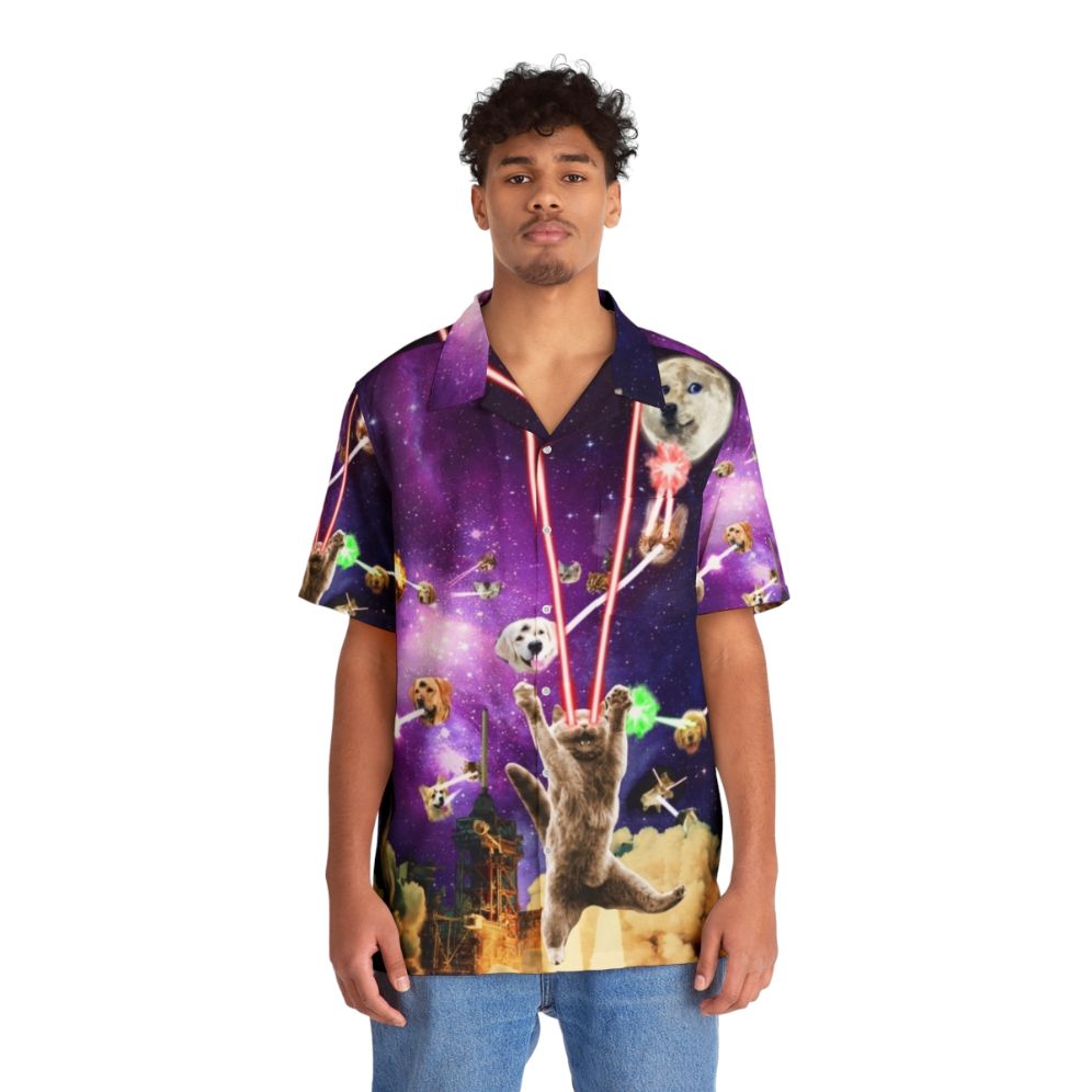 Cats with laser eyes on a vibrant Hawaiian shirt - People Front