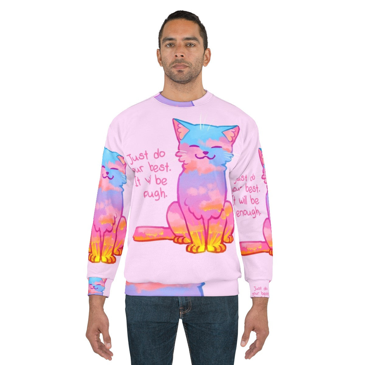 Sunset cat sweatshirt with positive affirmation - men