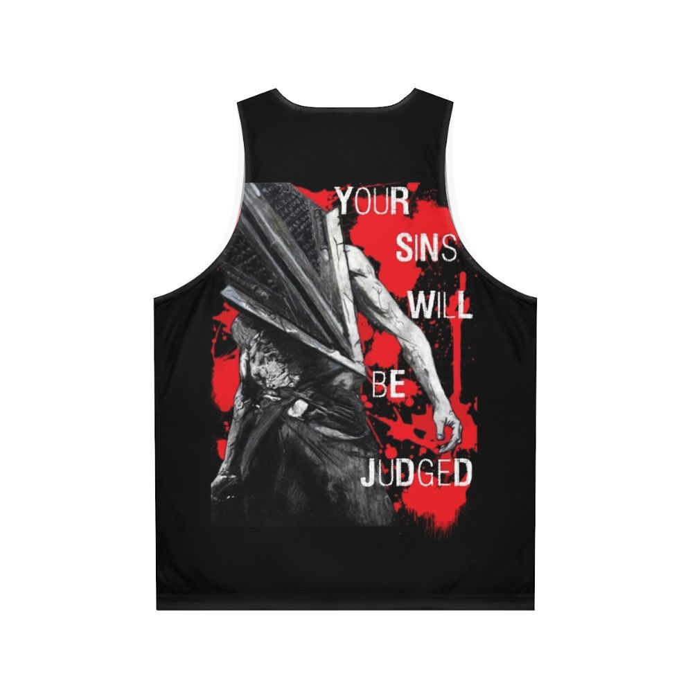 Horror themed unisex tank top with "Your Sins Will Be Judged Again" design - Back