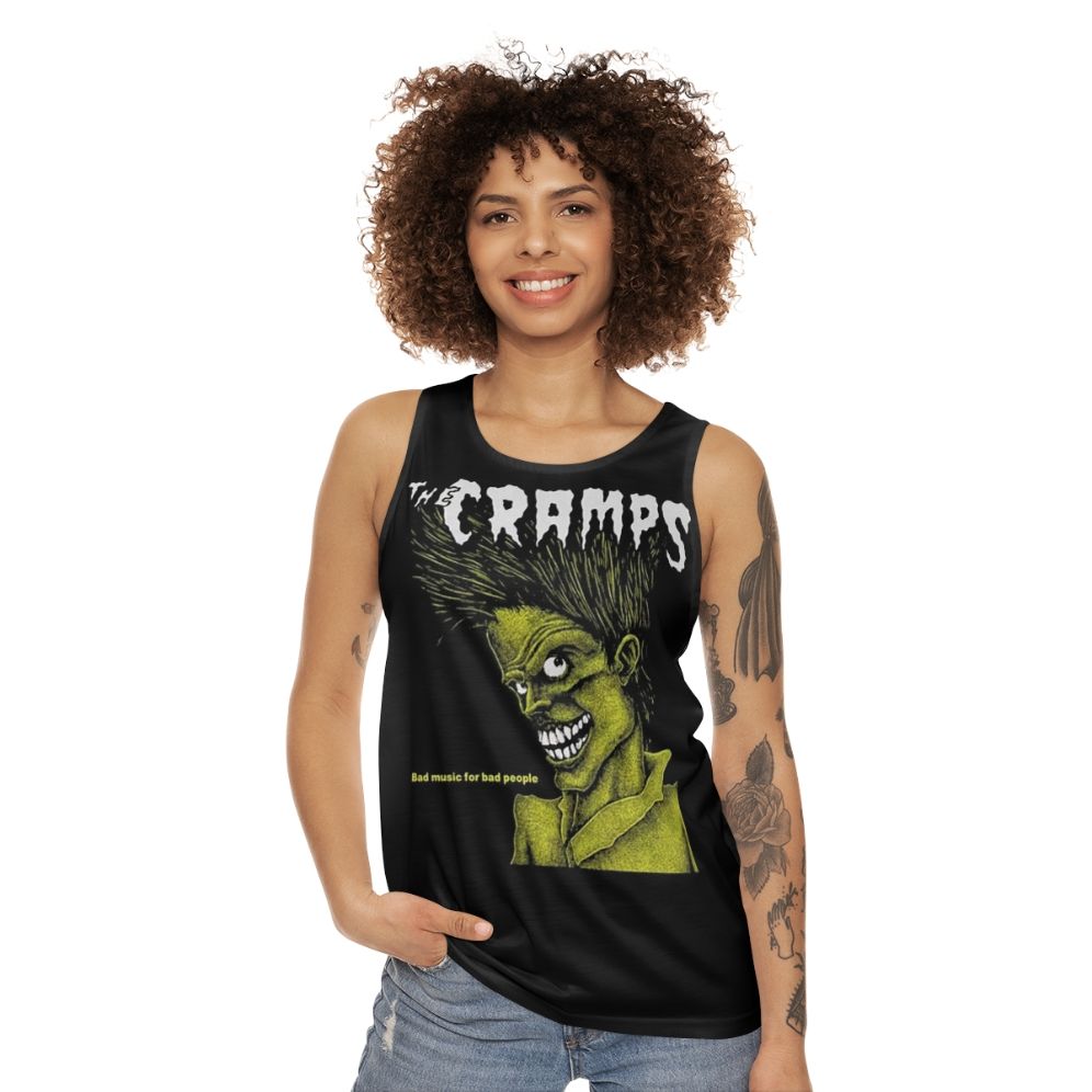 Edgy unisex tank top with retro graphic design - women