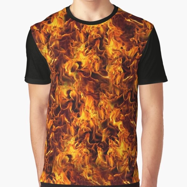 Fiery graphic t-shirt with a bold fire and flames pattern design