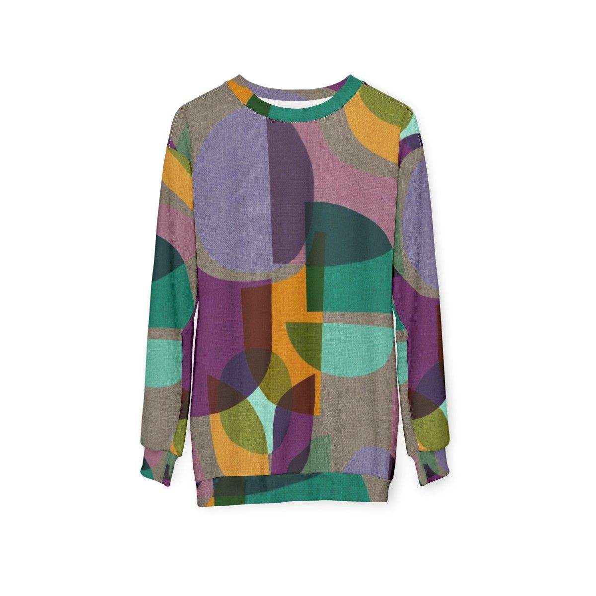 Mid Century Kaleidoscope Symphony Purple Sweatshirt with Abstract Multicolor Design - hanging