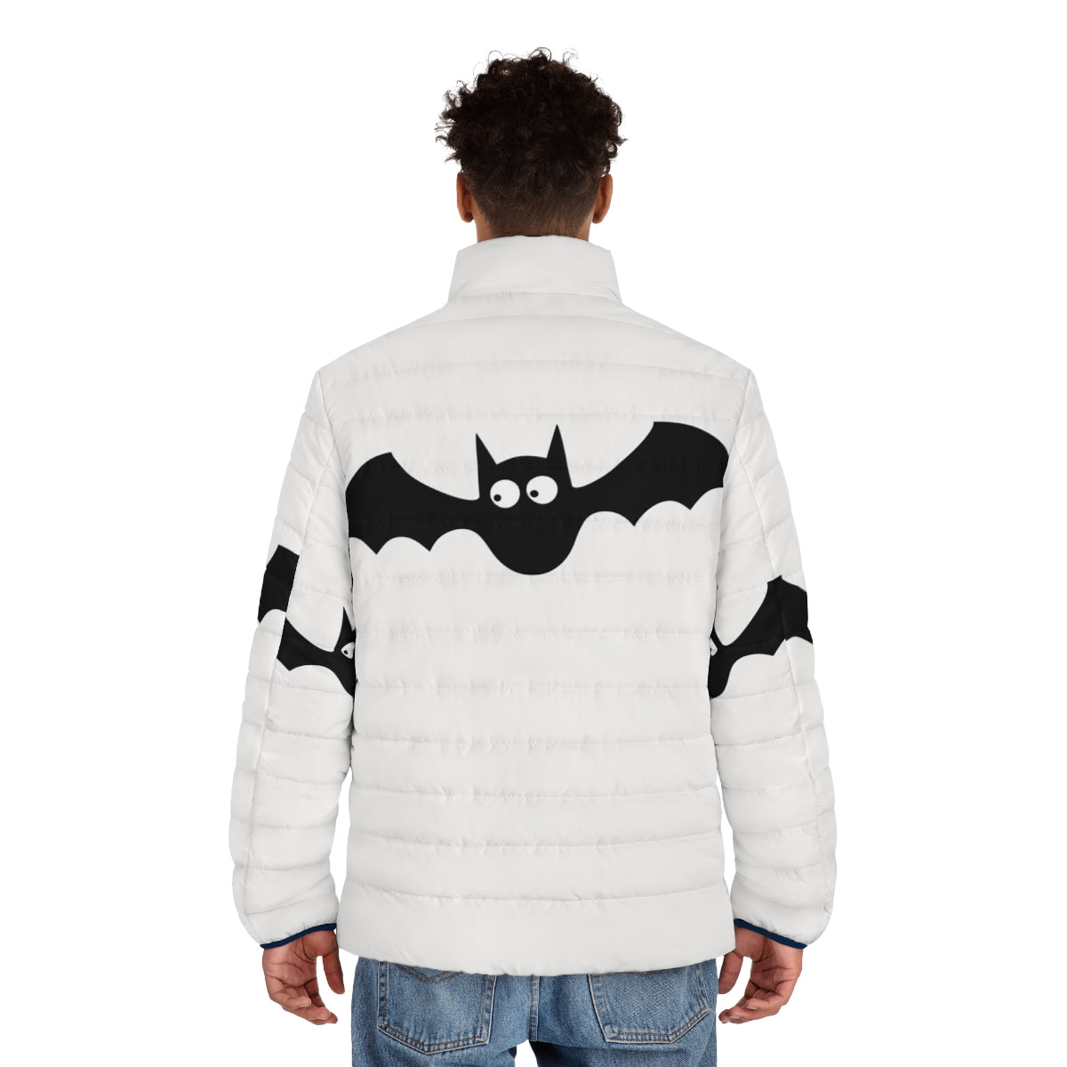 A black puffer jacket with a cute bat design, perfect for the Halloween season. - men back