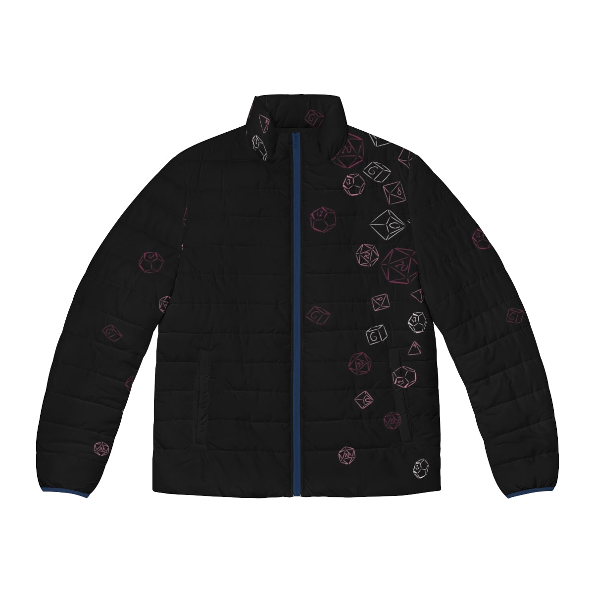 Cascading pink dice puffer jacket, a stylish gaming apparel for RPG players