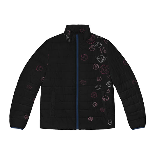 Cascading pink dice puffer jacket, a stylish gaming apparel for RPG players