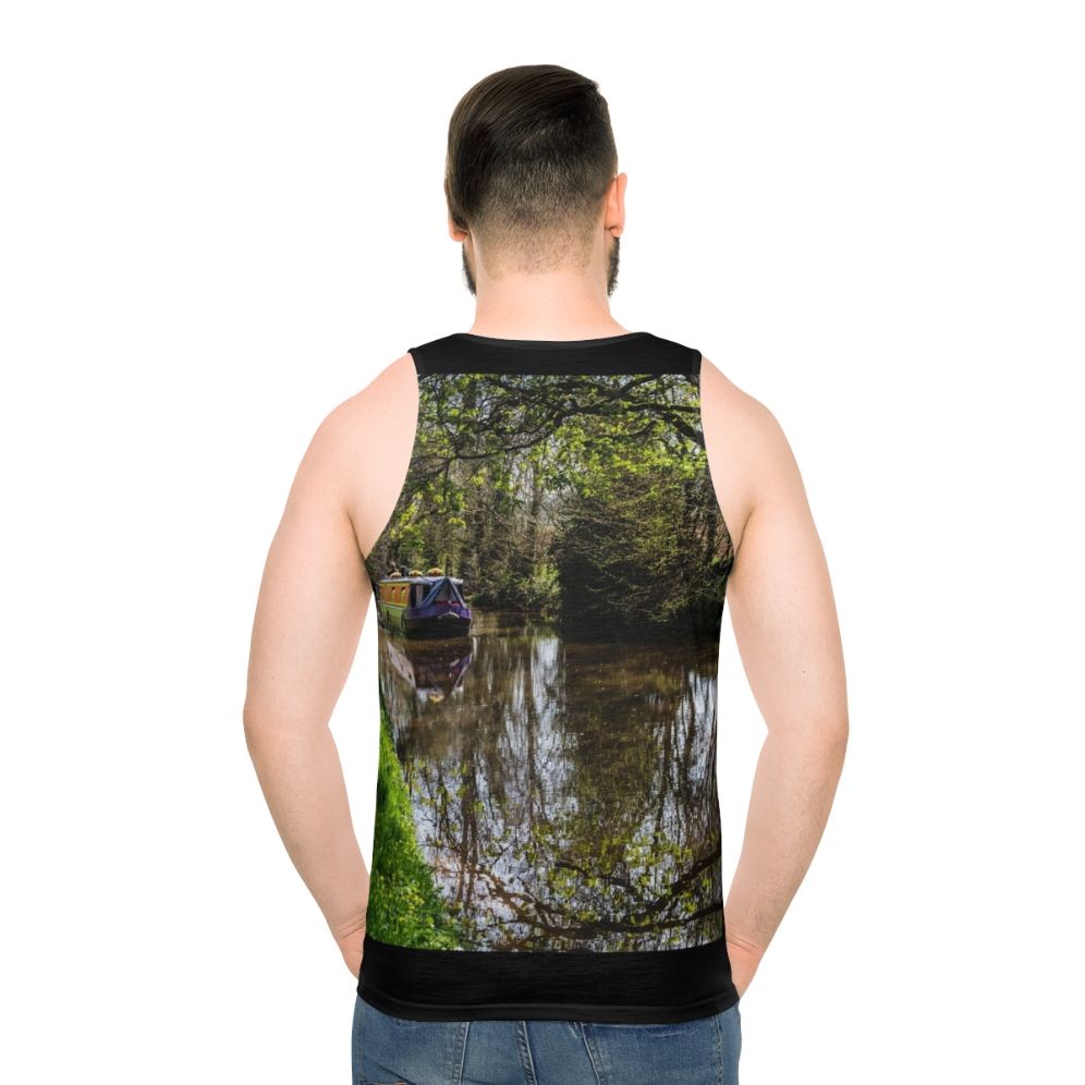 Unisex tank top with a peaceful canal barge scene - men back