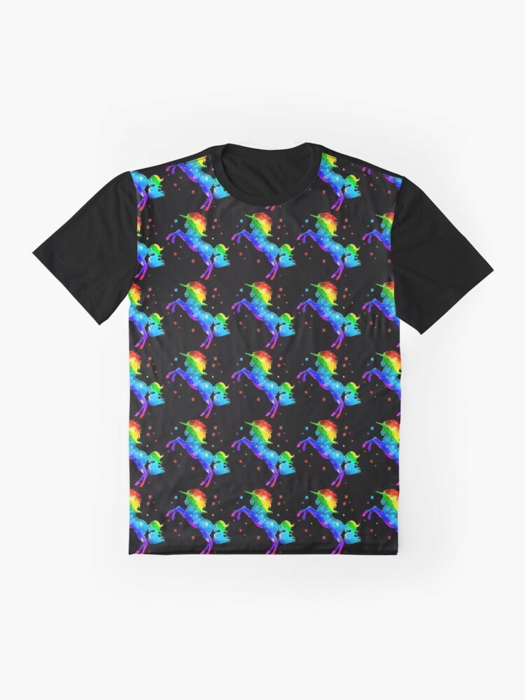 Vibrant graphic tee featuring a majestic unicorn against a captivating galaxy backdrop with swirling stars and a rainbow palette. - Flat lay