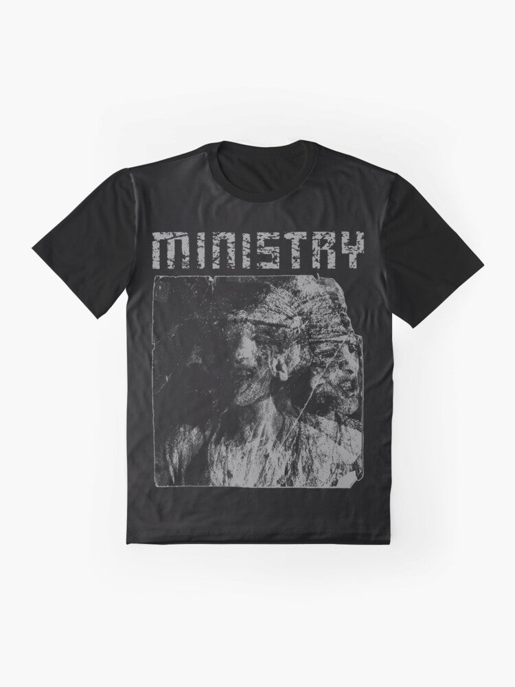 Ministry Industrial Metal Graphic T-Shirt featuring dark and heavy metal design - Flat lay