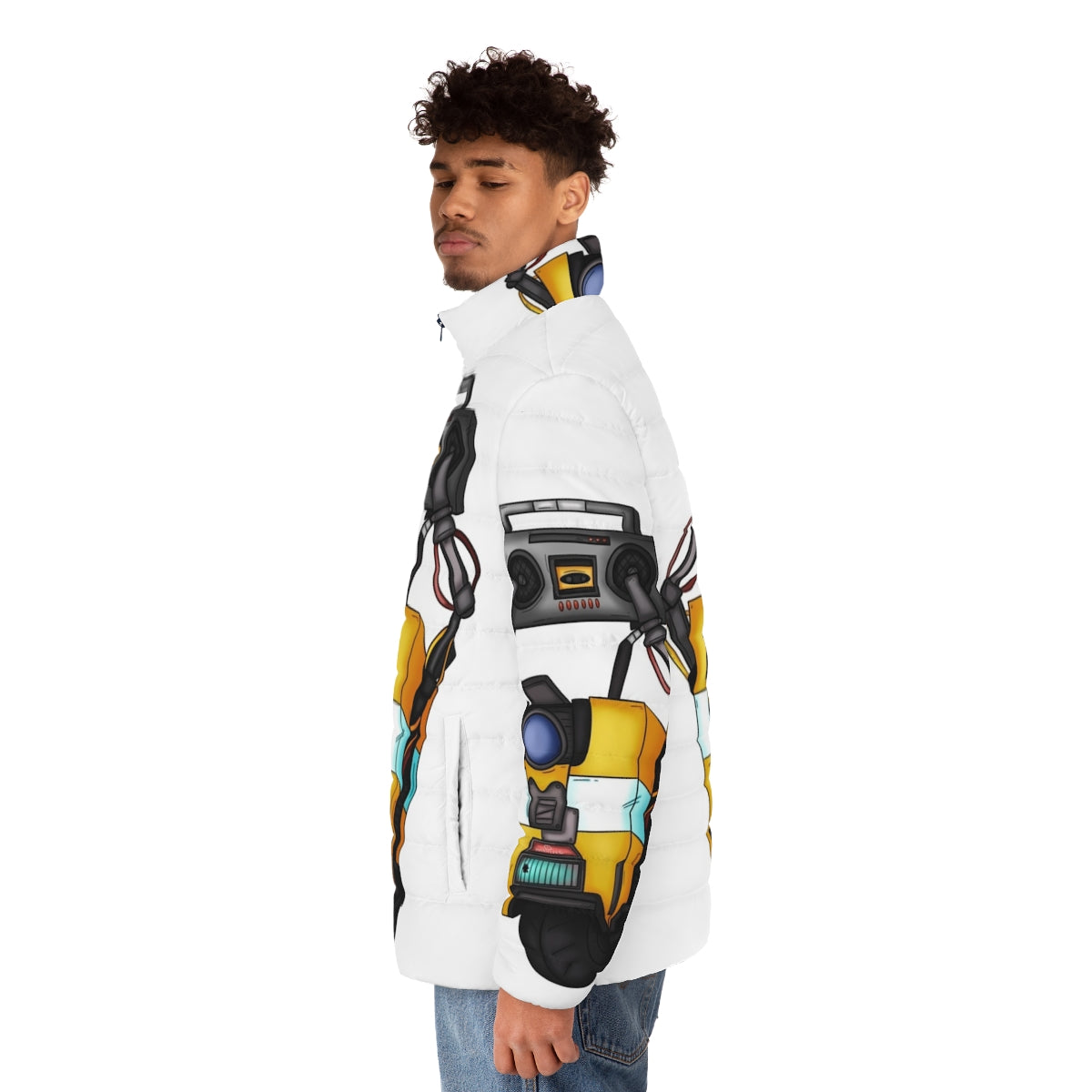 Borderlands Claptrap Boombox Puffer Jacket with a robotic design - men side left