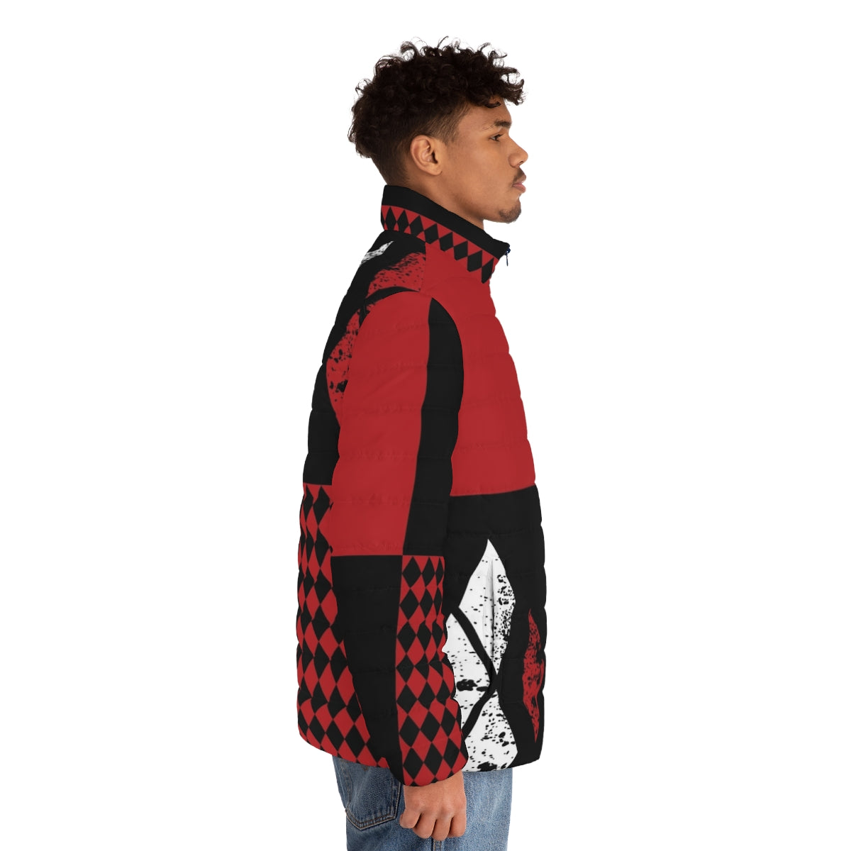 A red, white, and black puffer jacket with diamond patterns, perfect for a Harley Quinn-inspired look. - men side right