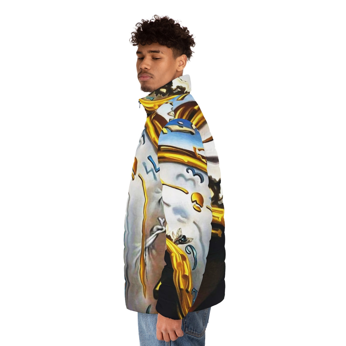 Salvador Dali inspired surreal puffer jacket featuring the iconic melting clocks design - men side left