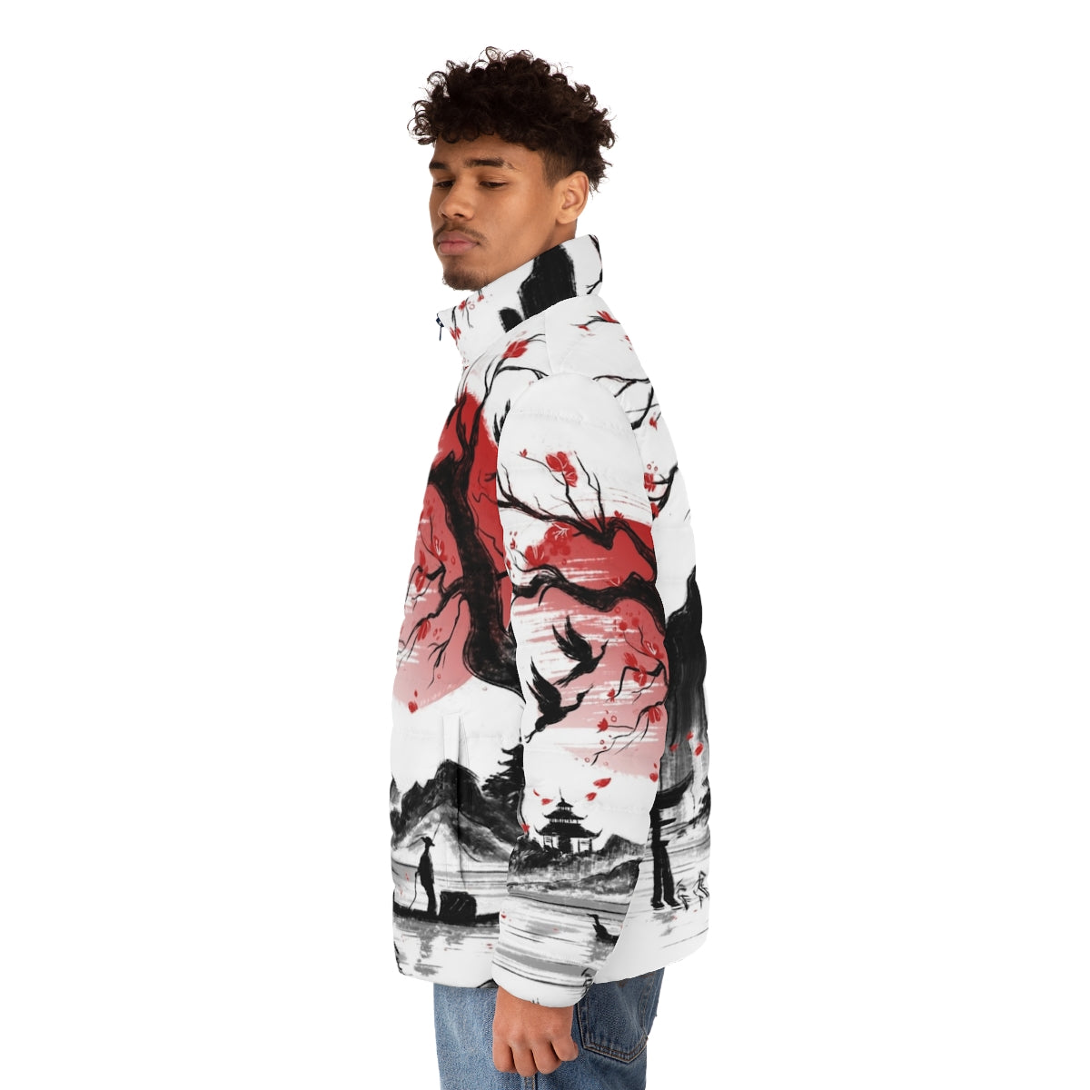 Japan Dream Puffer Jacket featuring Japanese landscape with sakura and red sun - men side left