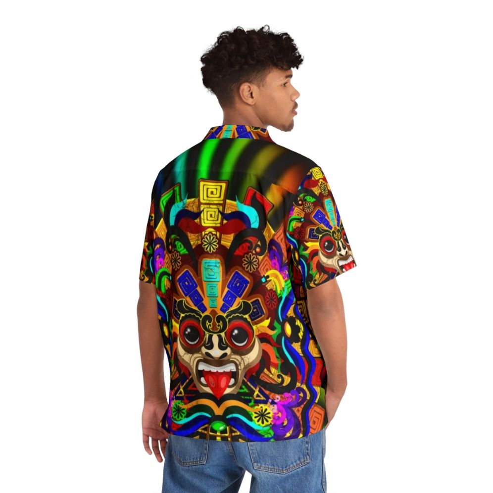 Colorful Aztec warrior mask print on a Hawaiian style shirt - People Back