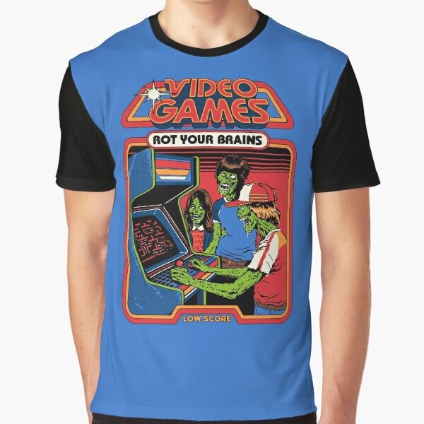 Retro video games graphic t-shirt with the message "Video Games Rot Your Brains"