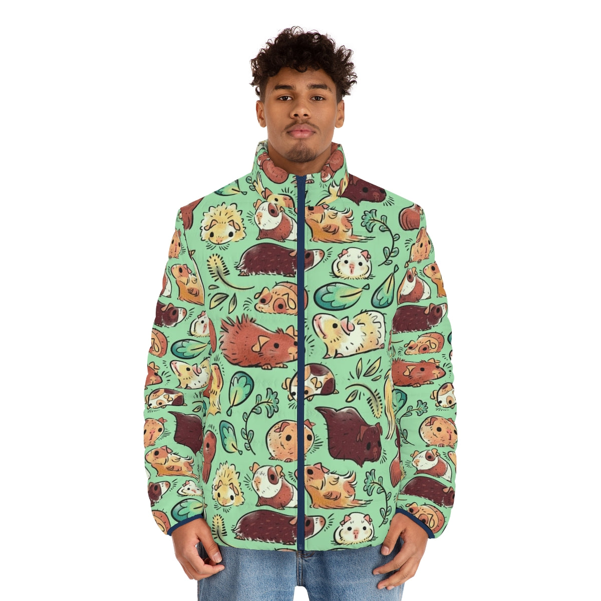 Cute guinea pig wearing a puffer jacket with a nature-inspired veggie pattern - men front